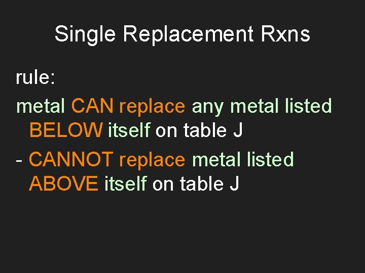 Single Replacement Rxns rule: metal CAN replace any metal listed BELOW itself on table