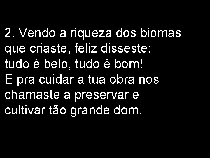 2. Vendo a riqueza dos biomas que criaste, feliz disseste: tudo é belo, tudo