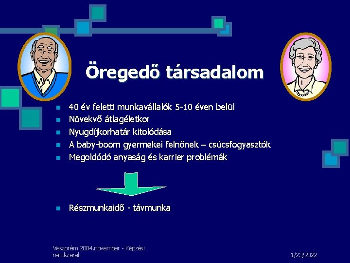 Öregedő társadalom n 40 év feletti munkavállalók 5 -10 éven belül Növekvő átlagéletkor Nyugdíjkorhatár