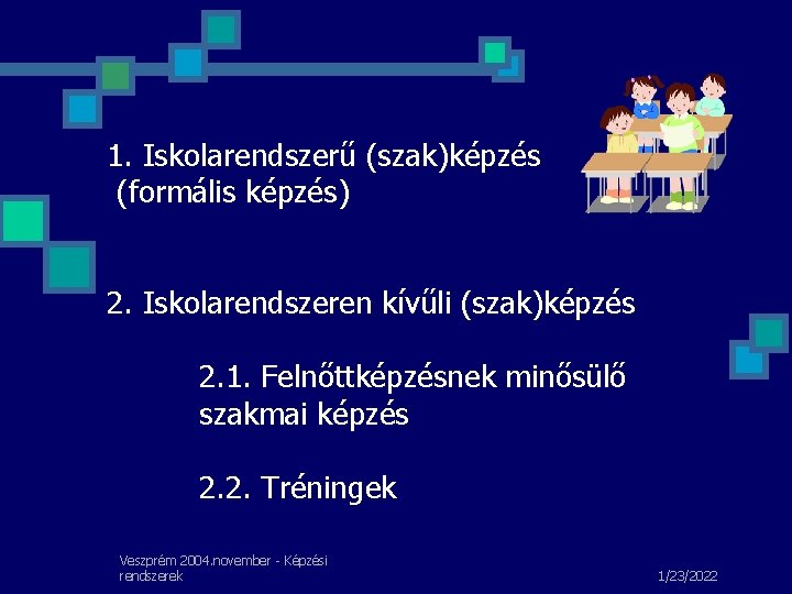 1. Iskolarendszerű (szak)képzés (formális képzés) 2. Iskolarendszeren kívűli (szak)képzés 2. 1. Felnőttképzésnek minősülő szakmai 1. Iskolarendszerű (szak)képzés (formális képzés) 2. Iskolarendszeren kívűli (szak)képzés 2. 1. Felnőttképzésnek minősülő szakmai