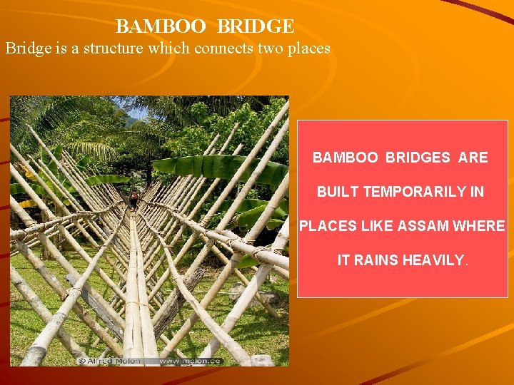 BAMBOO BRIDGE Bridge is a structure which connects two places BAMBOO BRIDGES ARE BUILT