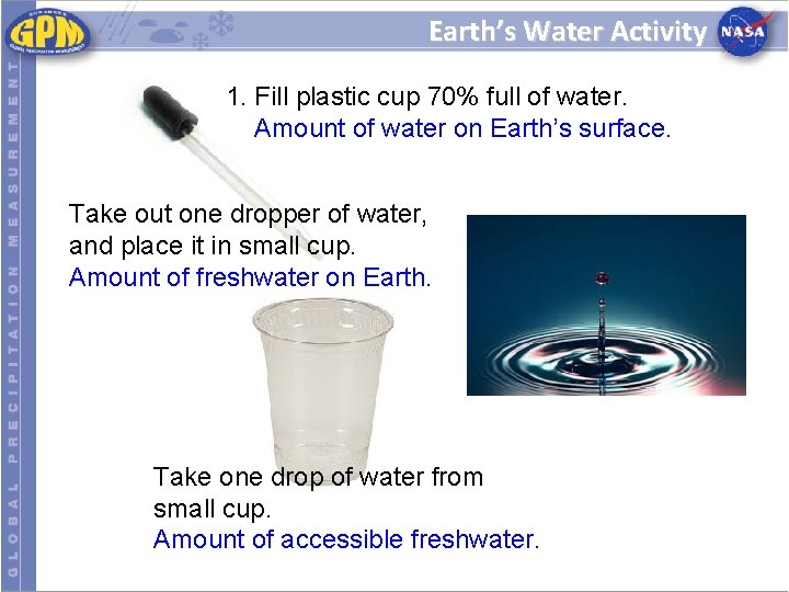 Earth’s Water Activity 1. Fill plastic cup 70% full of water. Amount of water