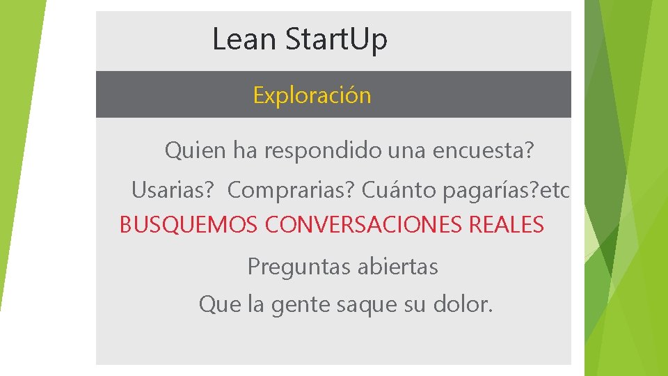 Lean Start. Up Exploración Quien ha respondido una encuesta? Usarias? Comprarias? Cuánto pagarías? etc