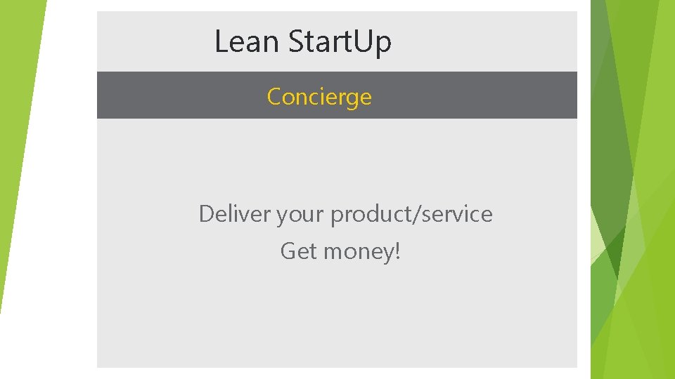 Lean Start. Up Concierge Deliver your product/service Get money! 