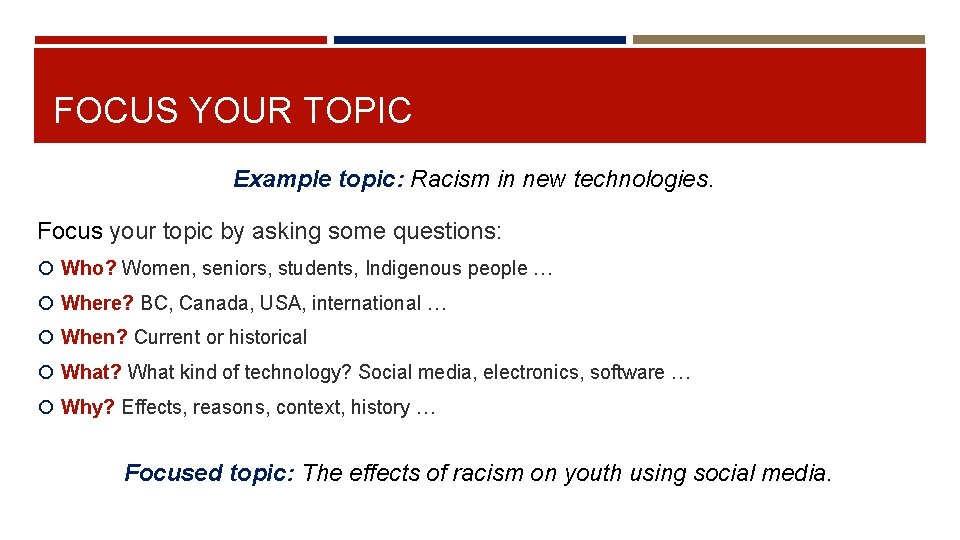 FOCUS YOUR TOPIC Example topic: Racism in new technologies. Focus your topic by asking