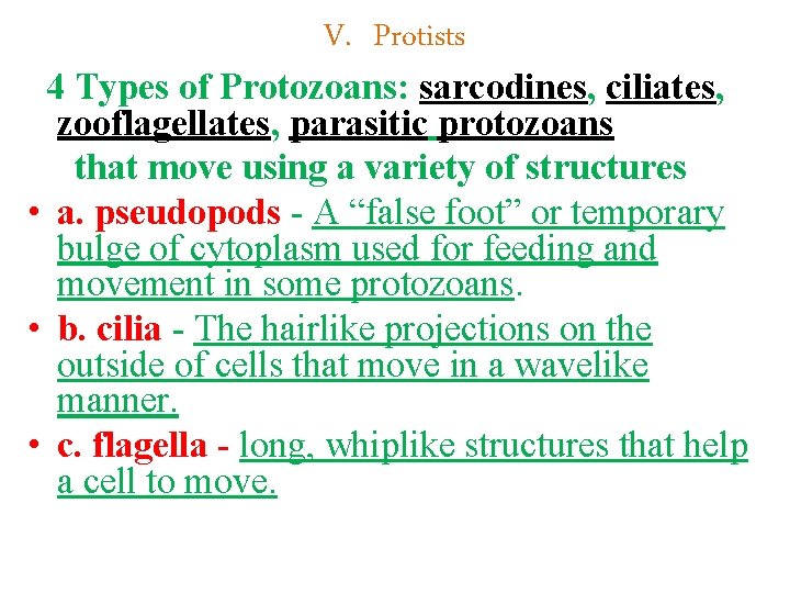V. Protists 4 Types of Protozoans: sarcodines, ciliates, zooflagellates, parasitic protozoans that move using