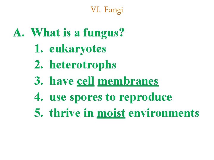 VI. Fungi A. What is a fungus? 1. eukaryotes 2. heterotrophs 3. have cell