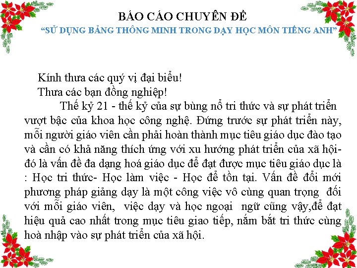 BÁO CHUYÊN ĐỀ “SỬ DỤNG BẢNG THÔNG MINH TRONG DẠY HỌC MÔN TIẾNG ANH”