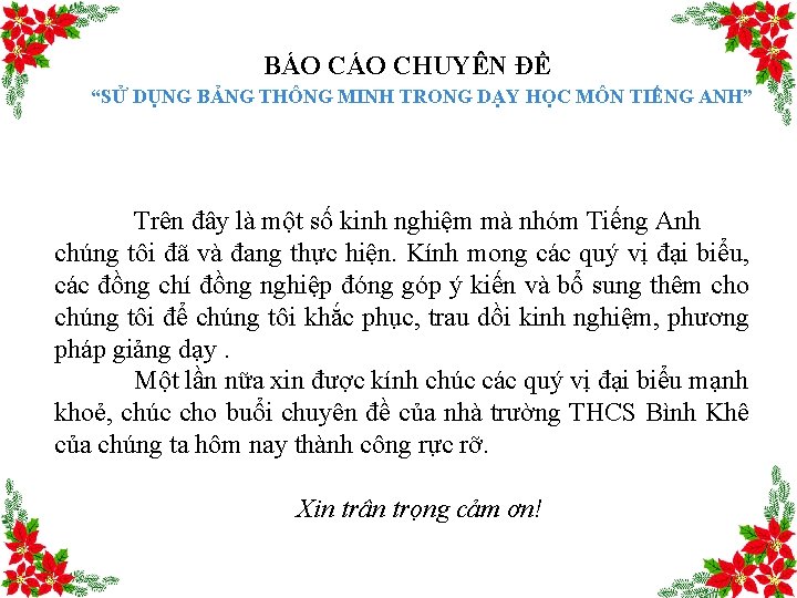 BÁO CHUYÊN ĐỀ “SỬ DỤNG BẢNG THÔNG MINH TRONG DẠY HỌC MÔN TIẾNG ANH”