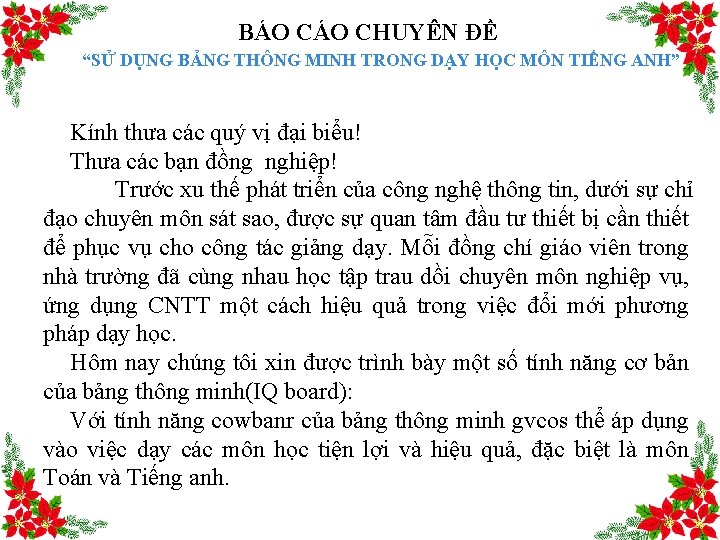 BÁO CHUYÊN ĐỀ “SỬ DỤNG BẢNG THÔNG MINH TRONG DẠY HỌC MÔN TIẾNG ANH”