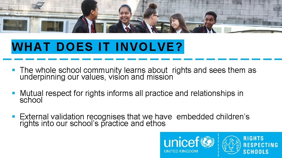 WHAT DOES IT INVOLVE? § The whole school community learns about rights and sees