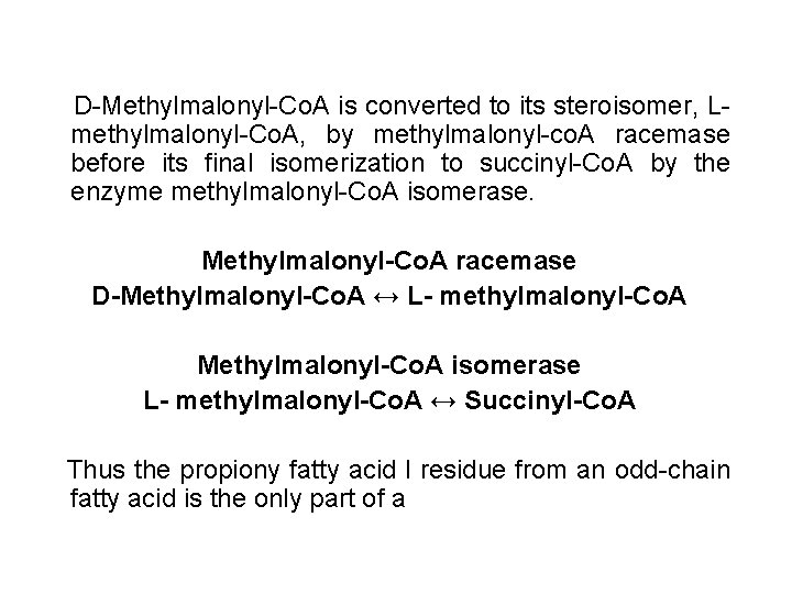 D-Methylmalonyl-Co. A is converted to its steroisomer, Lmethylmalonyl-Co. A, by methylmalonyl-co. A racemase before