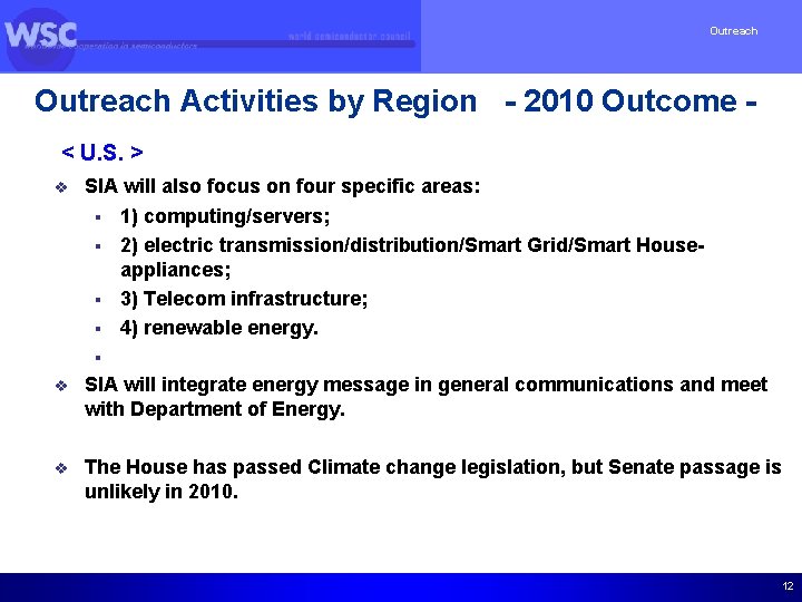 Outreach Activities by Region - 2010 Outcome < U. S. > v SIA will