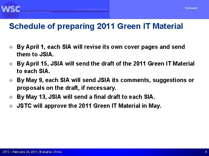 Outreach Schedule of preparing 2011 Green IT Material v By April 1, each SIA