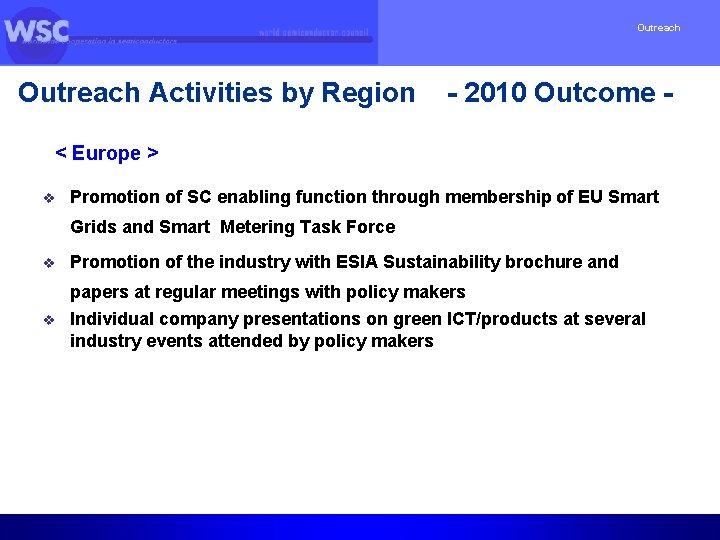 Outreach Activities by Region - 2010 Outcome - < Europe > v Promotion of