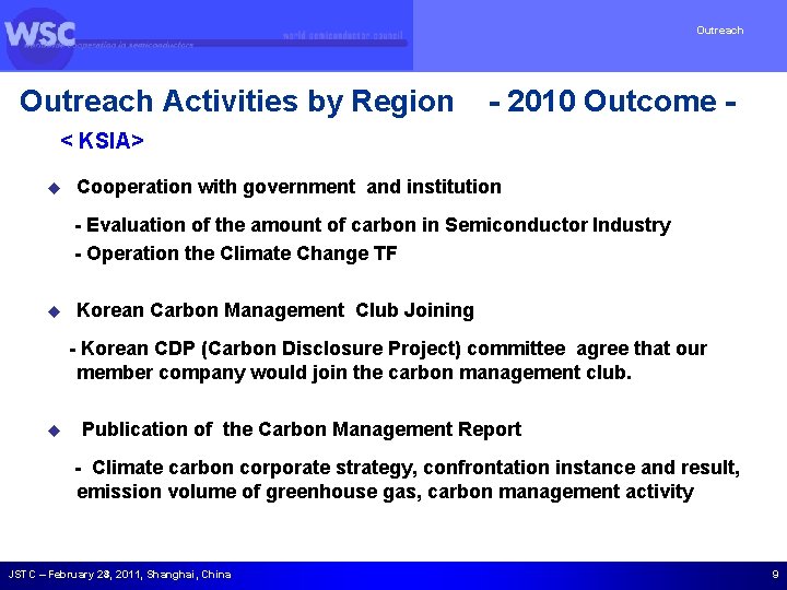 Outreach Activities by Region - 2010 Outcome - < KSIA> u Cooperation with government