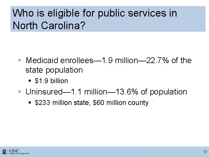 Who is eligible for public services in North Carolina? § Medicaid enrollees— 1. 9