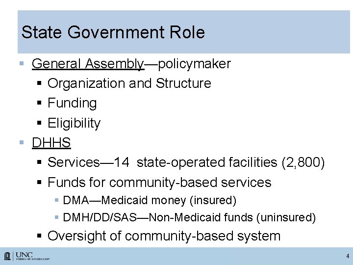 State Government Role § General Assembly—policymaker § Organization and Structure § Funding § Eligibility