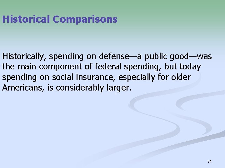 Historical Comparisons Historically, spending on defense—a public good—was the main component of federal spending,