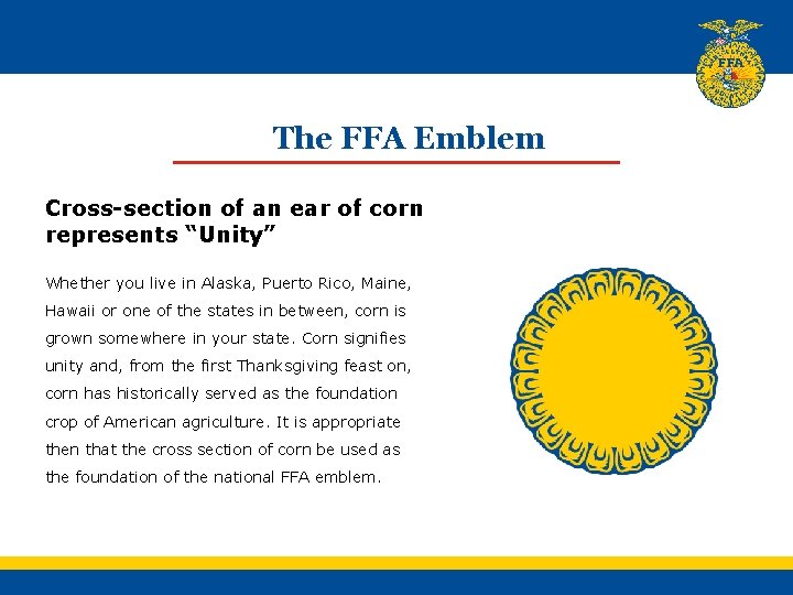 The FFA Emblem Cross-section of an ear of corn represents “Unity” Whether you live