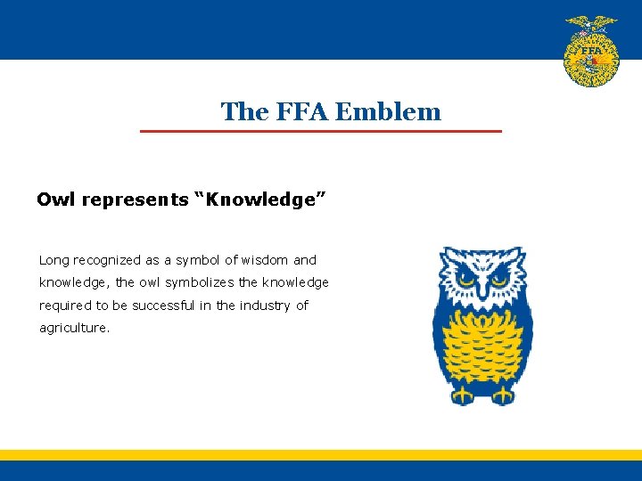 The FFA Emblem Owl represents “Knowledge” Long recognized as a symbol of wisdom and