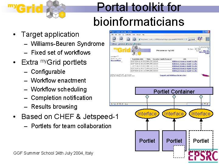 Portal toolkit for bioinformaticians • Target application – Williams-Beuren Syndrome – Fixed set of