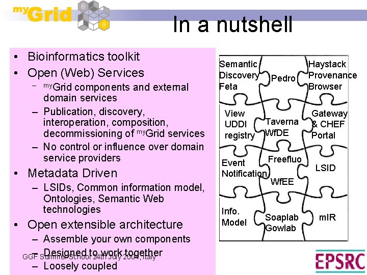 In a nutshell • Bioinformatics toolkit • Open (Web) Services – my. Grid components