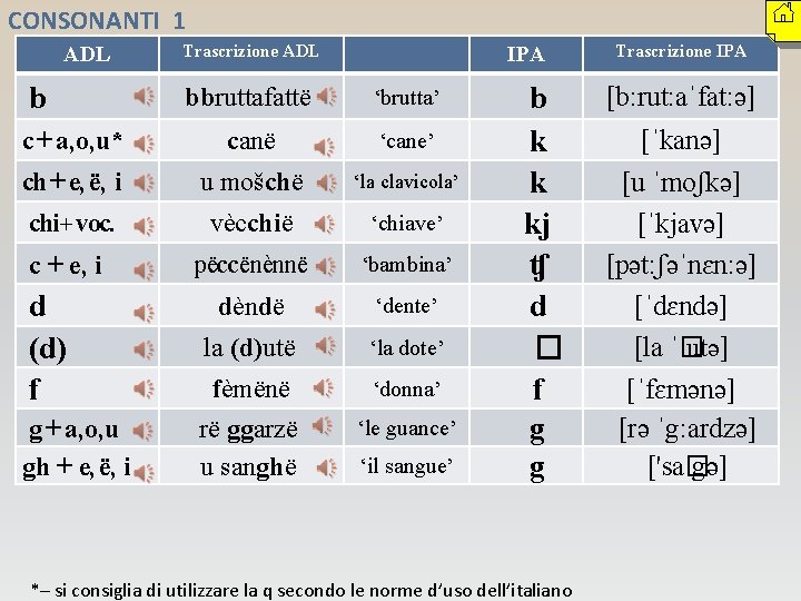 CONSONANTI 1 ADL b Trascrizione ADL IPA bbruttafattë ‘brutta’ c + a, o, u*