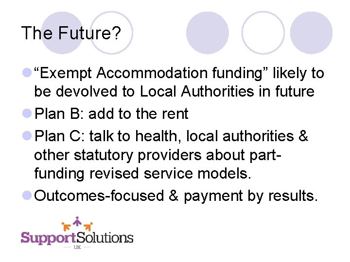 The Future? l “Exempt Accommodation funding” likely to be devolved to Local Authorities in