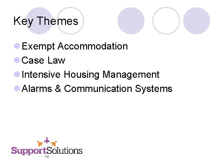 Key Themes l Exempt Accommodation l Case Law l Intensive Housing Management l Alarms