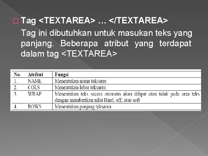 � Tag <TEXTAREA> … </TEXTAREA> Tag ini dibutuhkan untuk masukan teks yang panjang. Beberapa