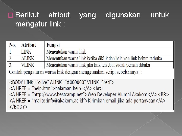 � Berikut atribut mengatur link : yang digunakan untuk 