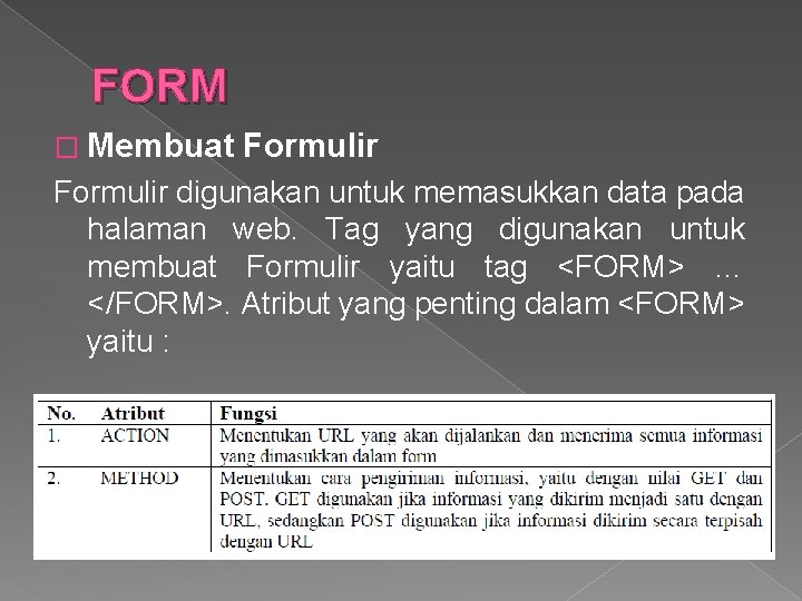 FORM � Membuat Formulir digunakan untuk memasukkan data pada halaman web. Tag yang digunakan
