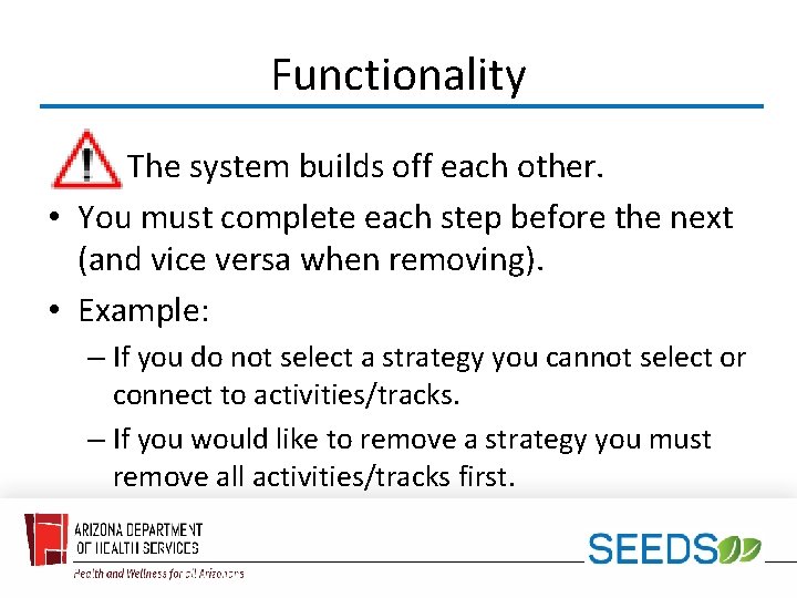 Functionality The system builds off each other. • You must complete each step before