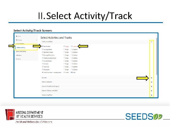 II. Select Activity/Track 