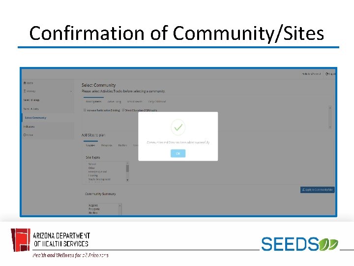 Confirmation of Community/Sites 