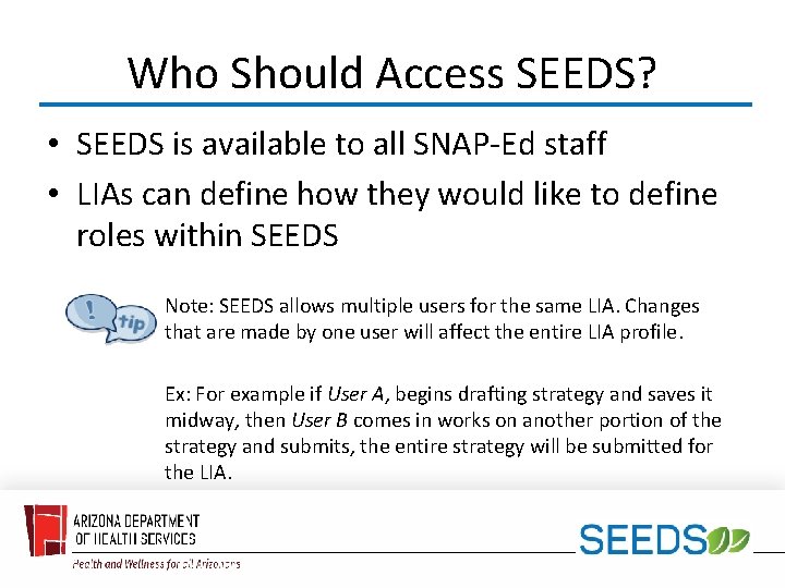 Who Should Access SEEDS? • SEEDS is available to all SNAP-Ed staff • LIAs