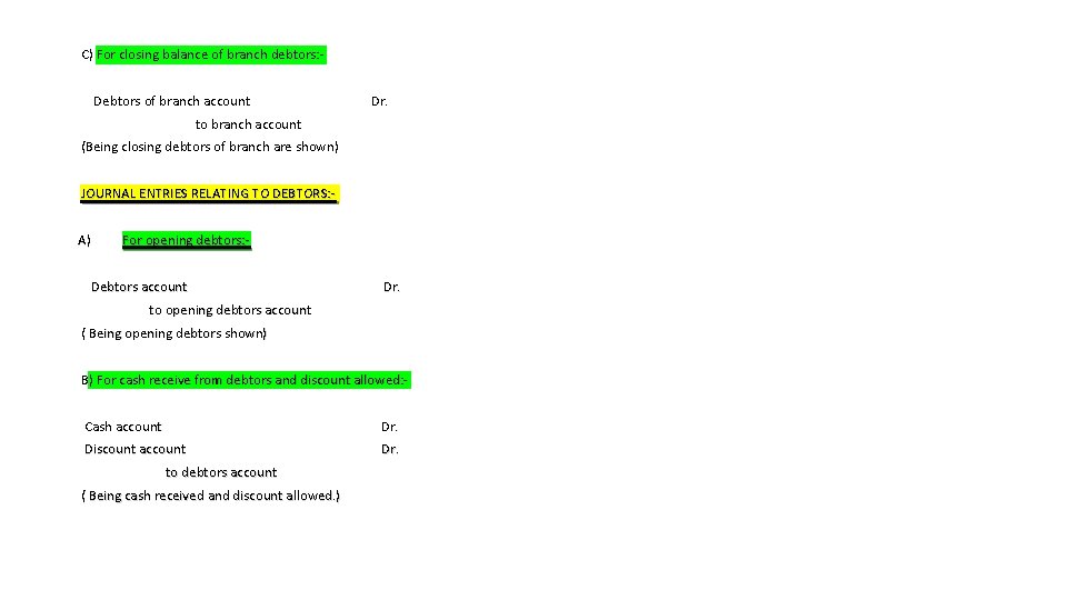 C) For closing balance of branch debtors: Debtors of branch account Dr. to branch