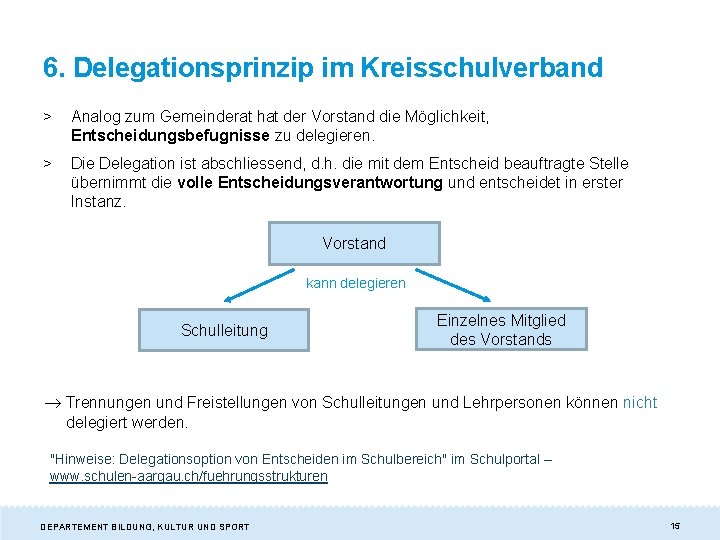 6. Delegationsprinzip im Kreisschulverband > Analog zum Gemeinderat hat der Vorstand die Möglichkeit, Entscheidungsbefugnisse