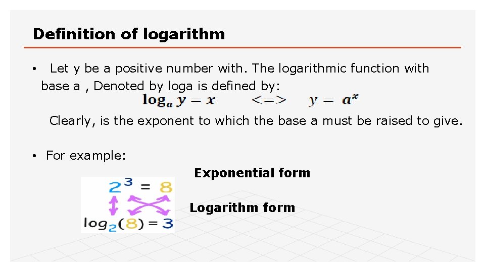 Definition of logarithm • Let y be a positive number with. The logarithmic function