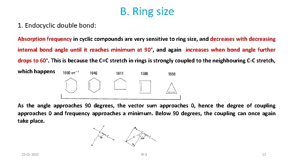 B. Ring size 1. Endocyclic double bond: Absorption frequency in cyclic compounds are very