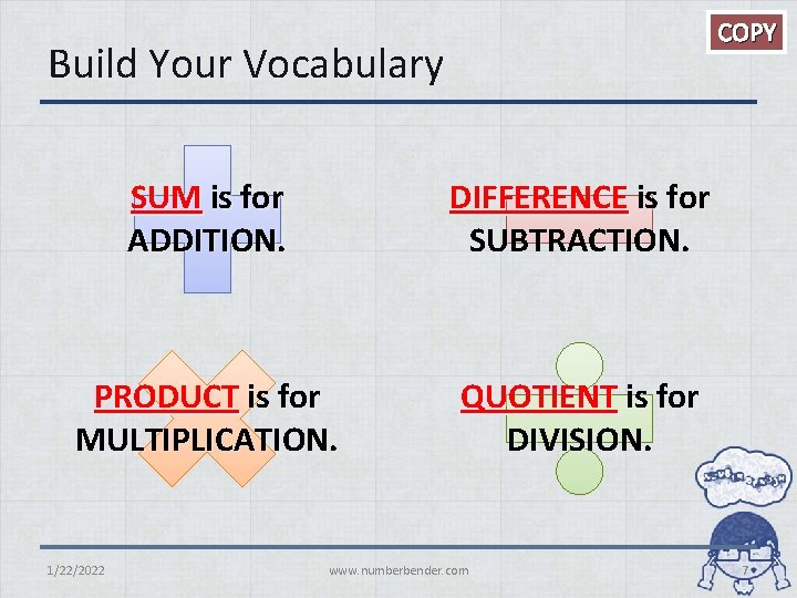 COPY Build Your Vocabulary SUM is for ADDITION. DIFFERENCE is for SUBTRACTION. PRODUCT is