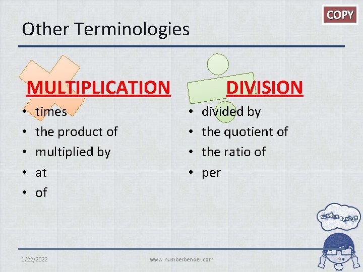 COPY Other Terminologies MULTIPLICATION • • • times the product of multiplied by at