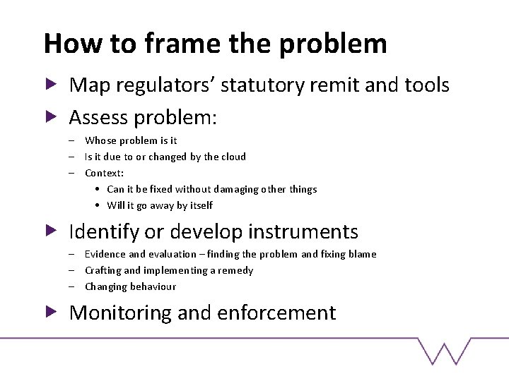 How to frame the problem Map regulators’ statutory remit and tools Assess problem: –