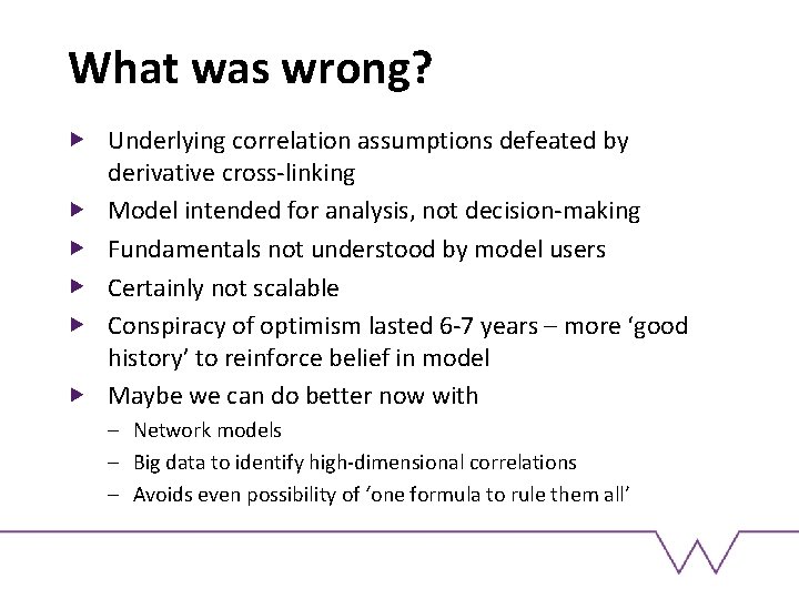 What was wrong? Underlying correlation assumptions defeated by derivative cross-linking Model intended for analysis,