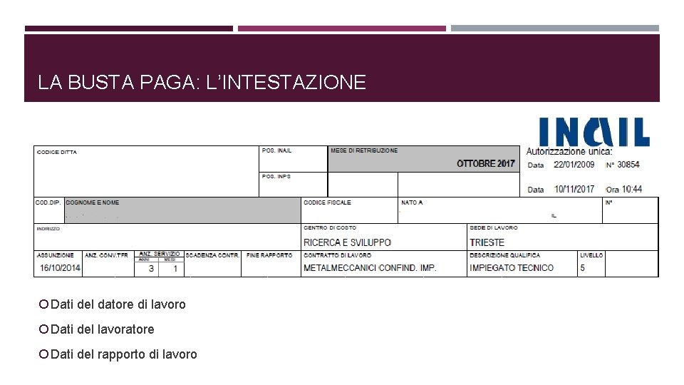 LA BUSTA PAGA: L’INTESTAZIONE Dati del datore di lavoro Dati del lavoratore Dati del