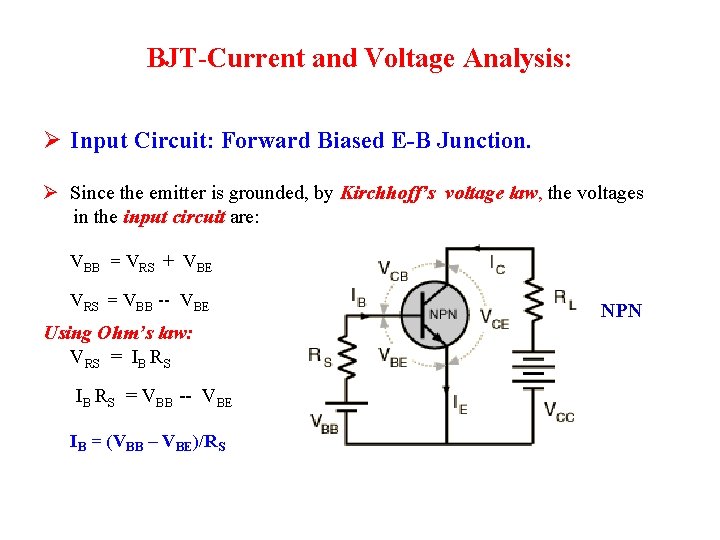 BJT-Current and Voltage Analysis: Ø Input Circuit: Forward Biased E-B Junction. Ø Since the