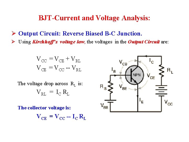 BJT-Current and Voltage Analysis: Ø Output Circuit: Reverse Biased B-C Junction. Ø Using Kirchhoff’s