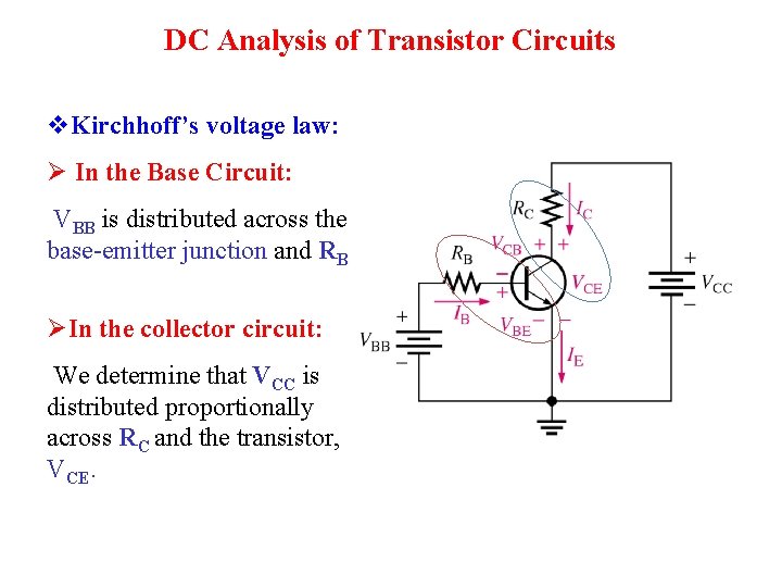 DC Analysis of Transistor Circuits v. Kirchhoff’s voltage law: Ø In the Base Circuit: