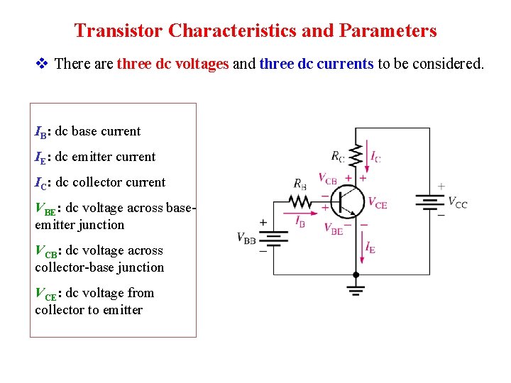 Transistor Characteristics and Parameters v There are three dc voltages and three dc currents